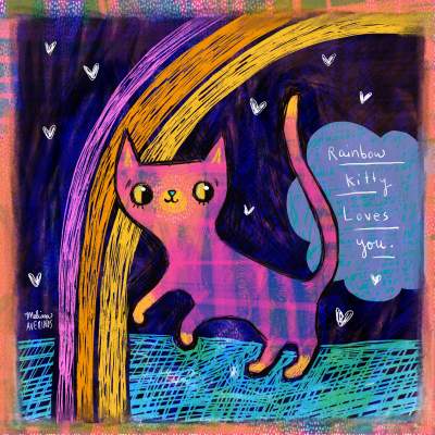 SMALL 4"x4" RAINBOW KITTY LOVES YOU fabric panel
