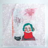 LADY WITH COWL AND CAT 10"x10" fabric panel