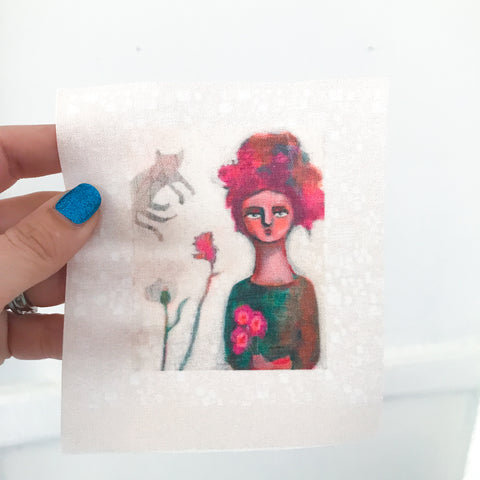 small PINK HAIR LADY WITH FLOWERS AND CAT 4"x4" fabric panel