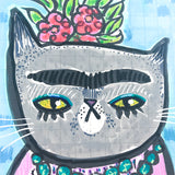FRIDA KITTY (GRAY ON BLUE) original artwork 4"x6"