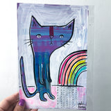 PURPLE CAT WITH RAINBOW original artwork 5.5"x8.5"
