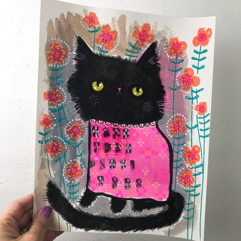 BLACK CAT IN A PINK SHIRT original artwork 8.5"x11"