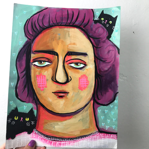 LADY WITH PURPLE HAIR AND TWO BLACK CATS original artwork 8.5"x11"