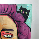 LADY WITH PURPLE HAIR AND TWO BLACK CATS original artwork 8.5"x11"